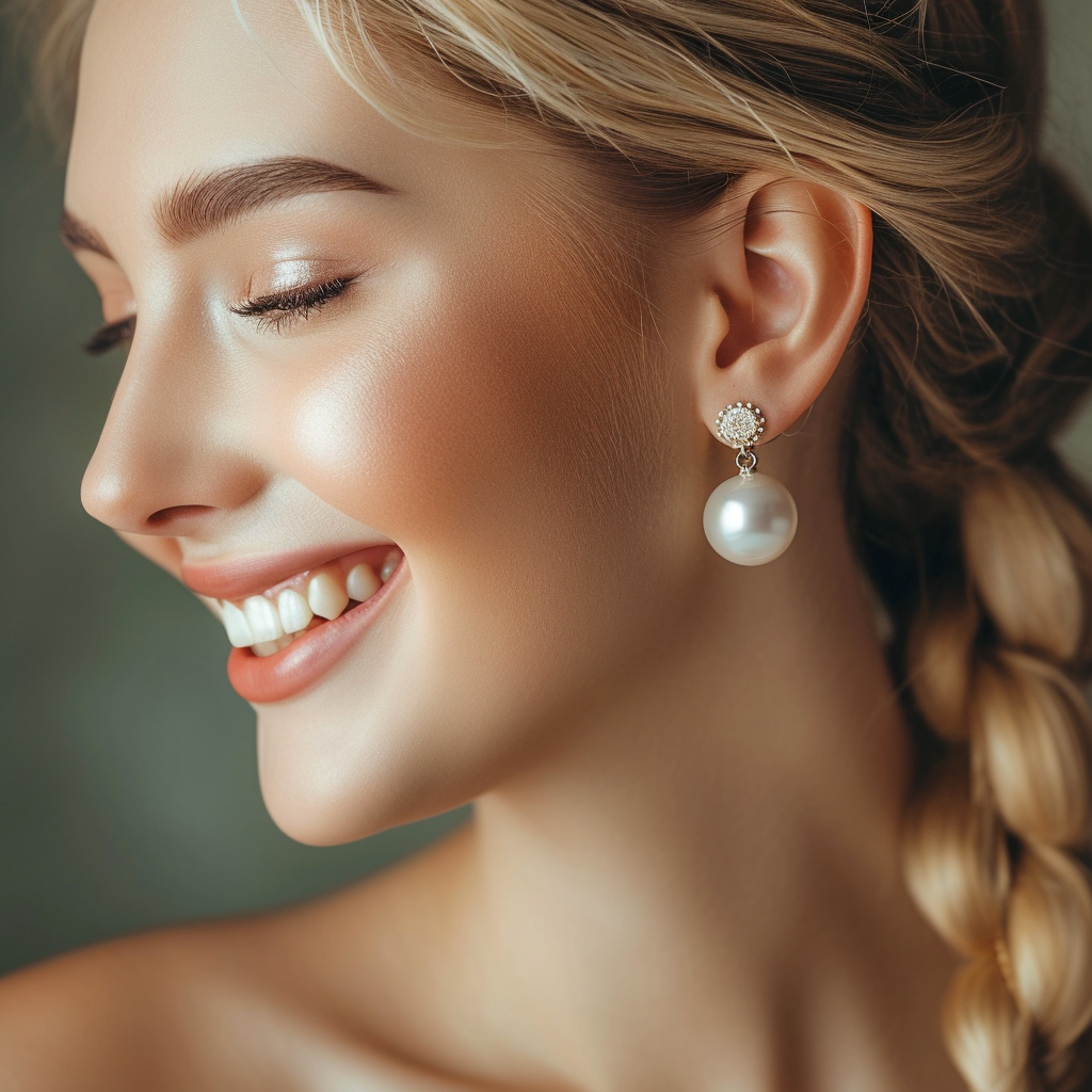 Blonde woman wearing pearl earrings