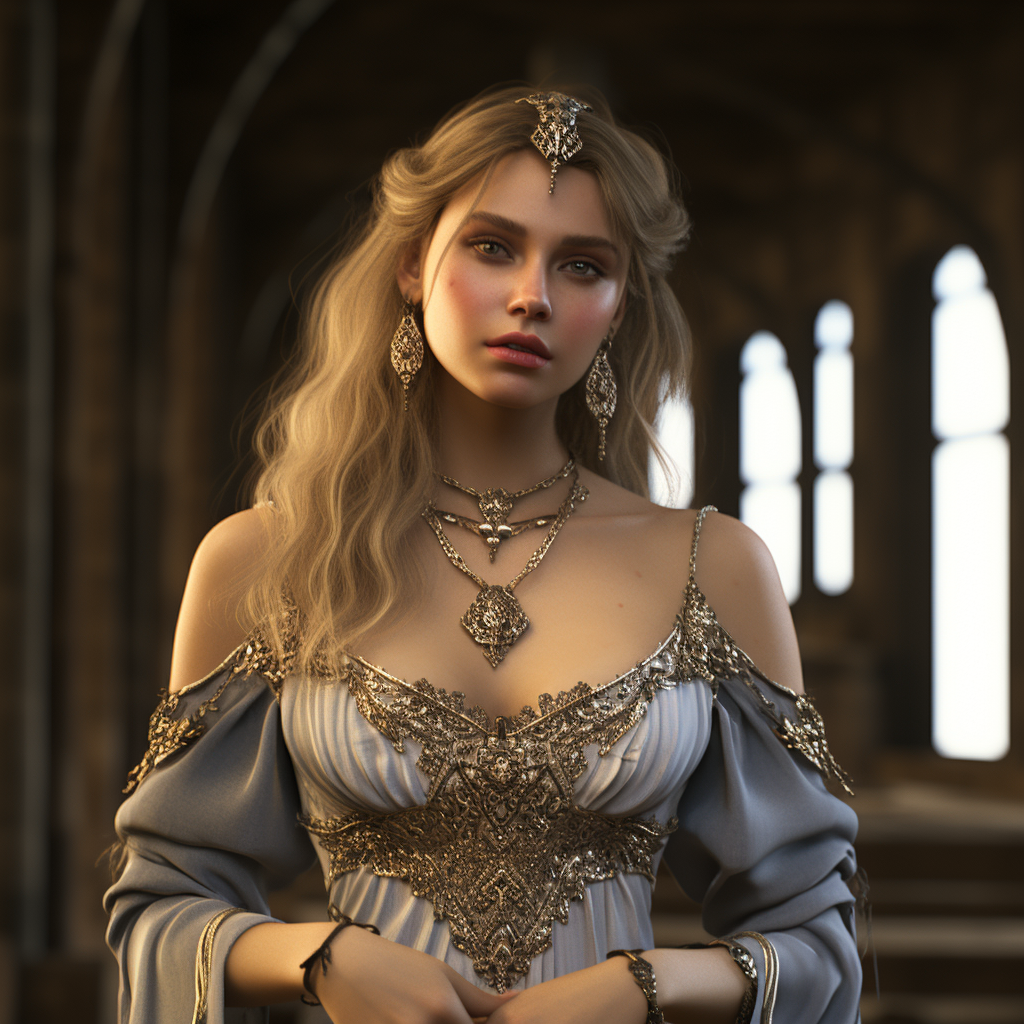 Jewelry model posing in medieval attire