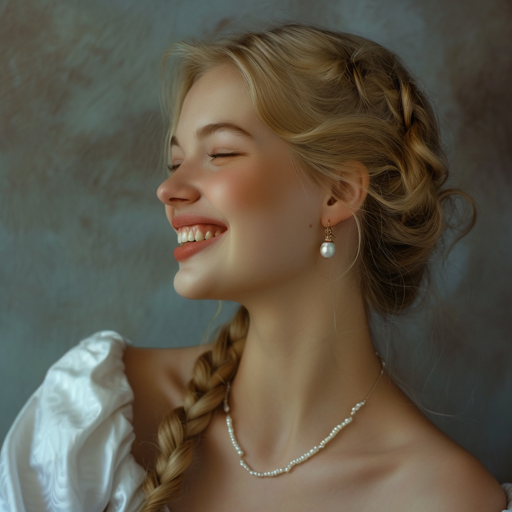 blonde woman with large pearl stud earring