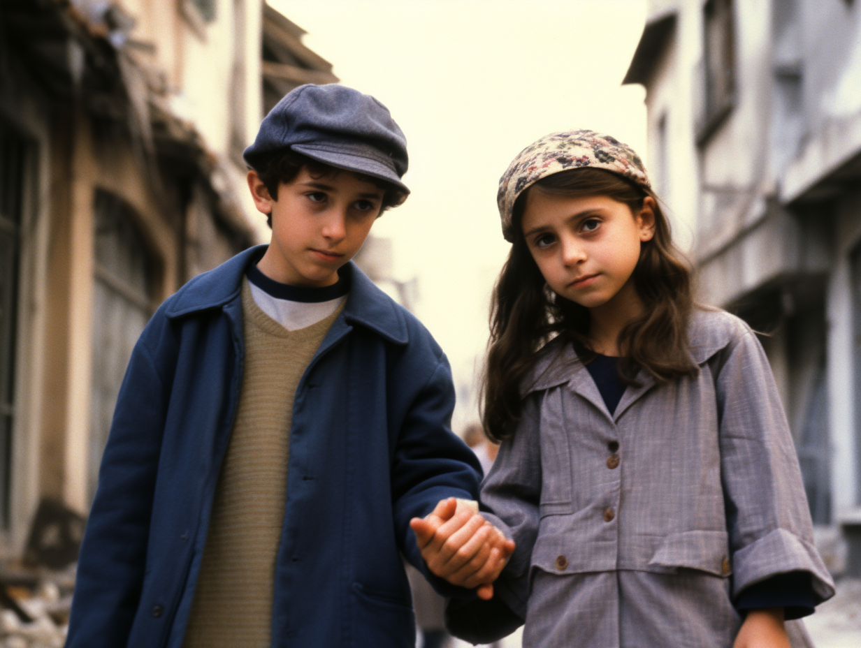 Jewish boy and Muslim girl holding hands amidst collapsed buildings