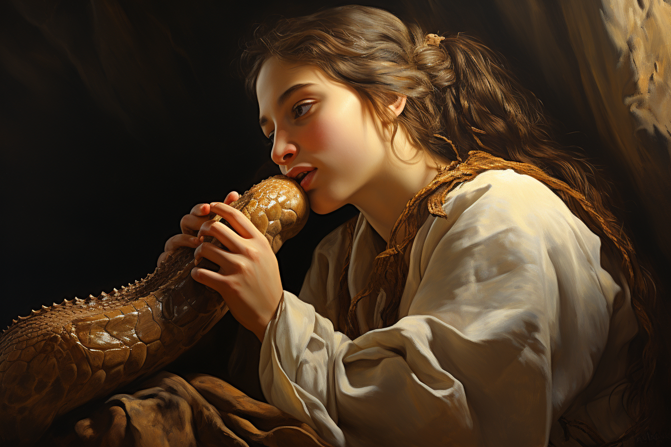 Jewish girl blowing rams horn shofar