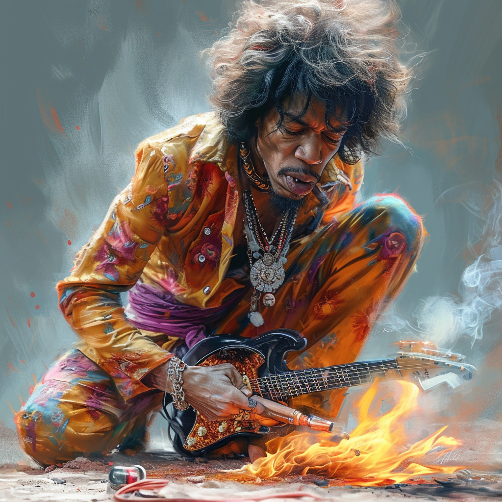 Jimi Hendrix burning guitar spray