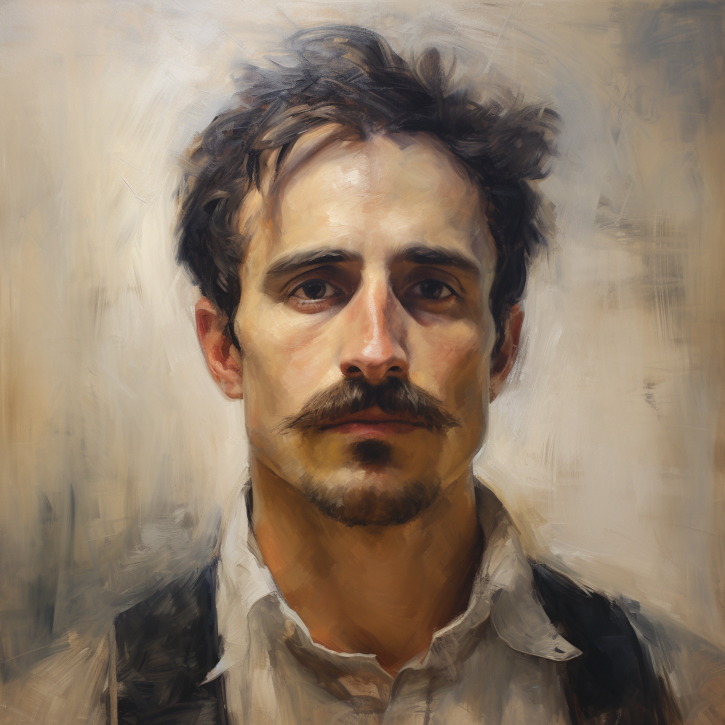 Oil painting of a mustached man in JMW Turner style