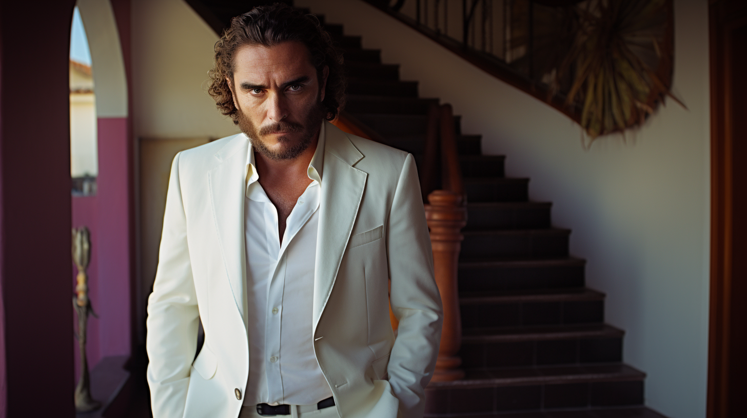 Actor Joaquin Phoenix in Miami Vice-style white suit