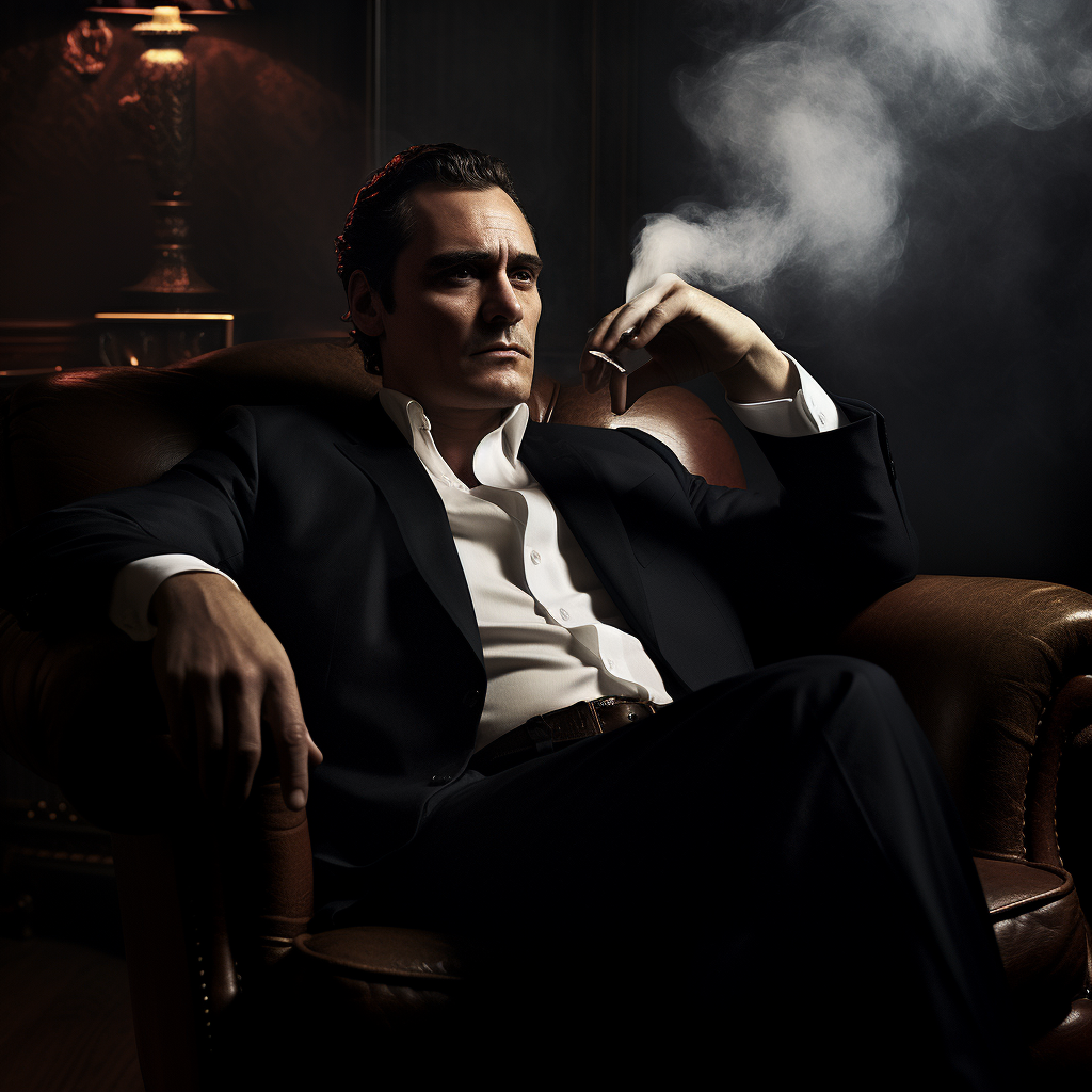 Joaquin Phoenix smoking cigarette in dimly lit room