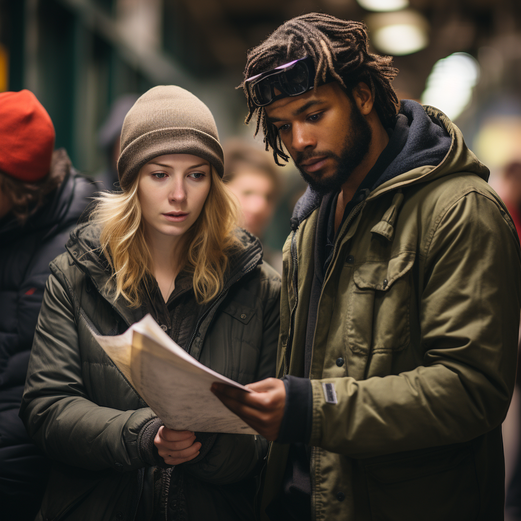 Young homeless man and woman examining job expo flyer