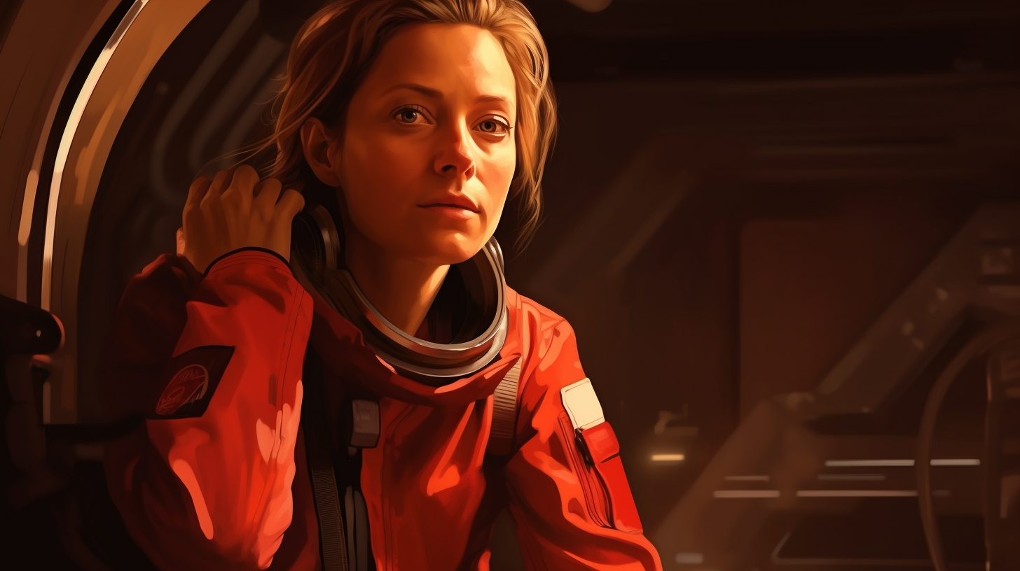 Jodie Foster in red overall, alien movie style