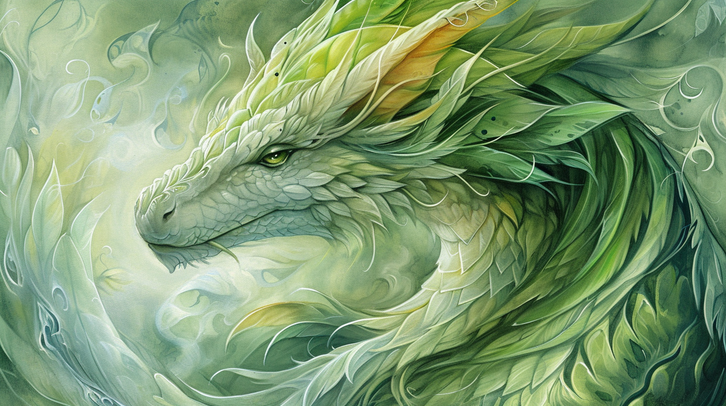 Green-yellow feathered snake dragon painting