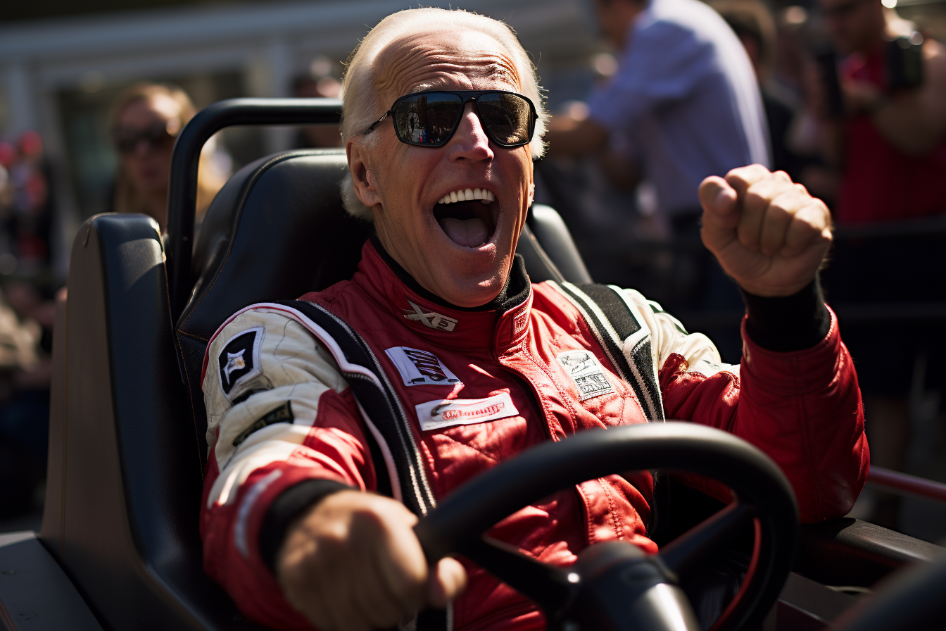 Joe Biden cheering as Formula One driver