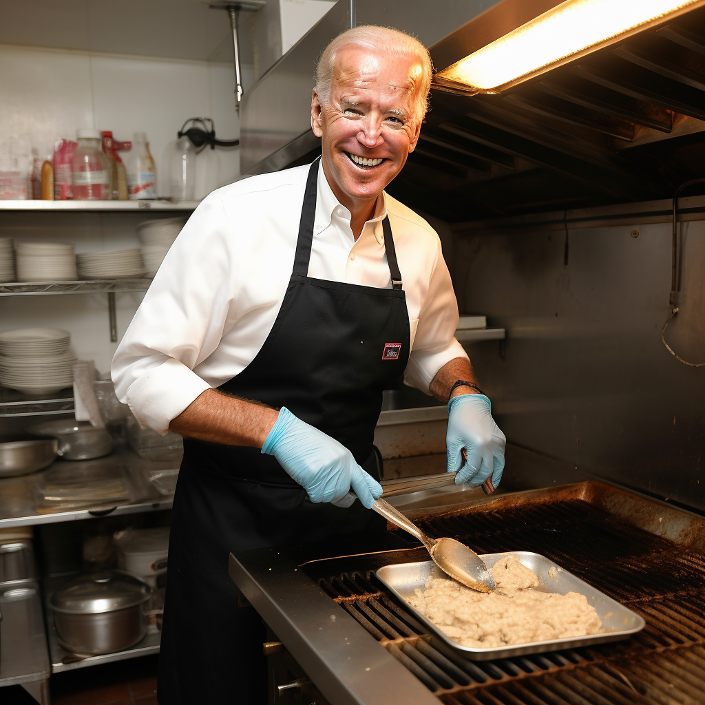 Joe Biden wearing apron heating food