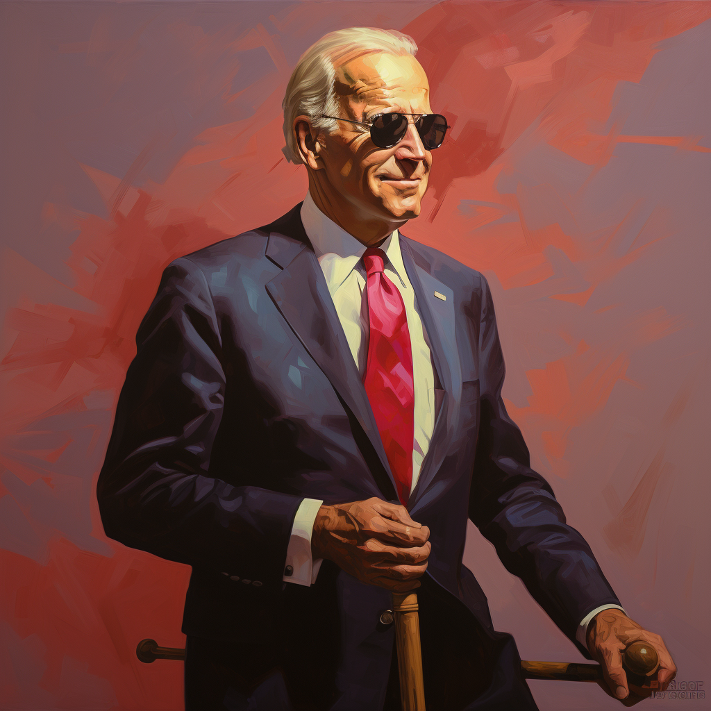 Joe Biden with sunglasses and blind walking stick