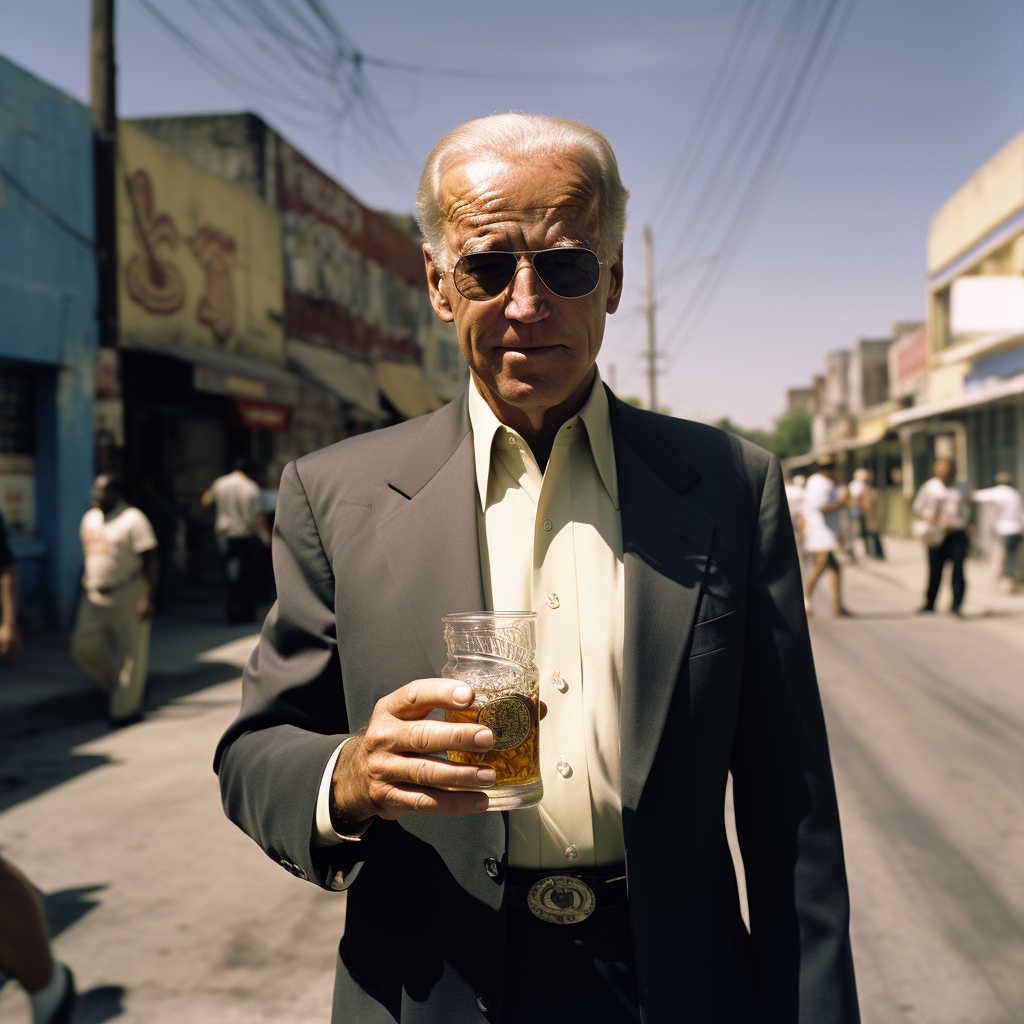 Joe Biden holding small glass of tequila in Mexico