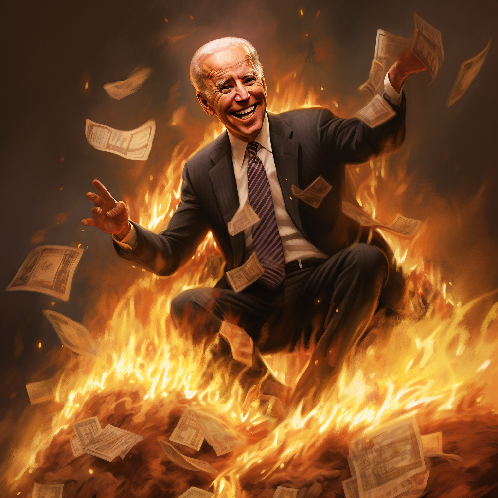 Joe Biden throwing money in fire