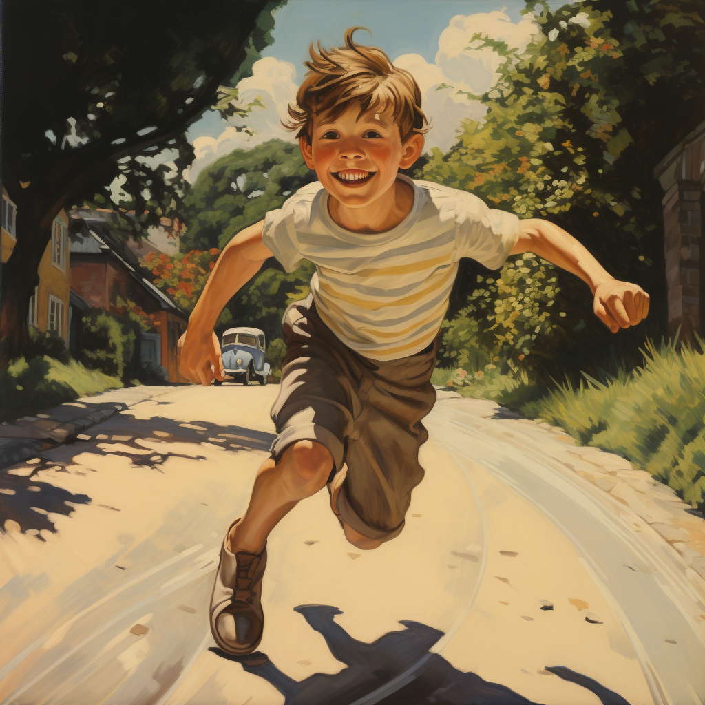 Happy boy jogging on a circular road