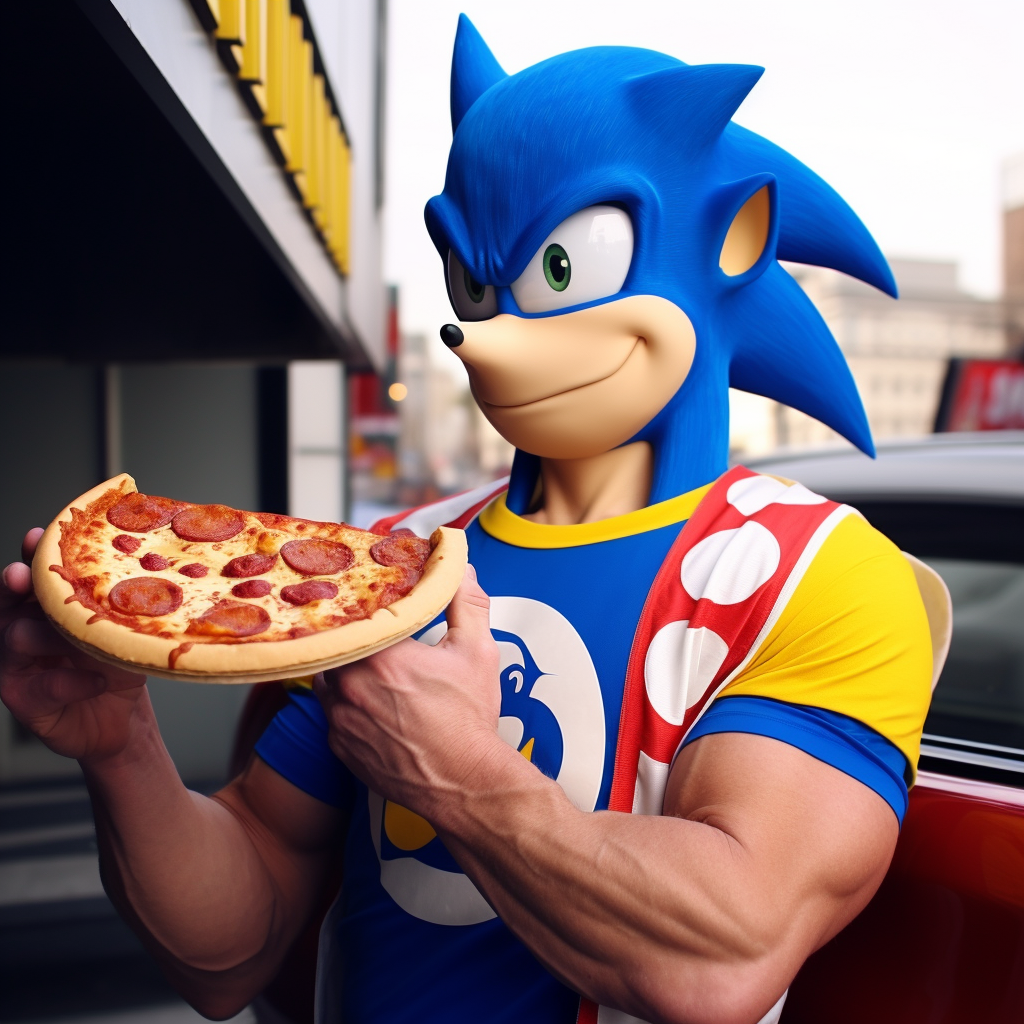 John Cena eating pizza with Sonic