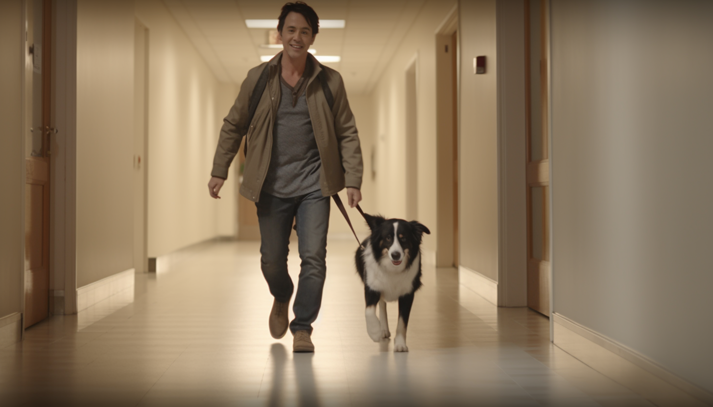 John Cusack walking with husky silver labrador