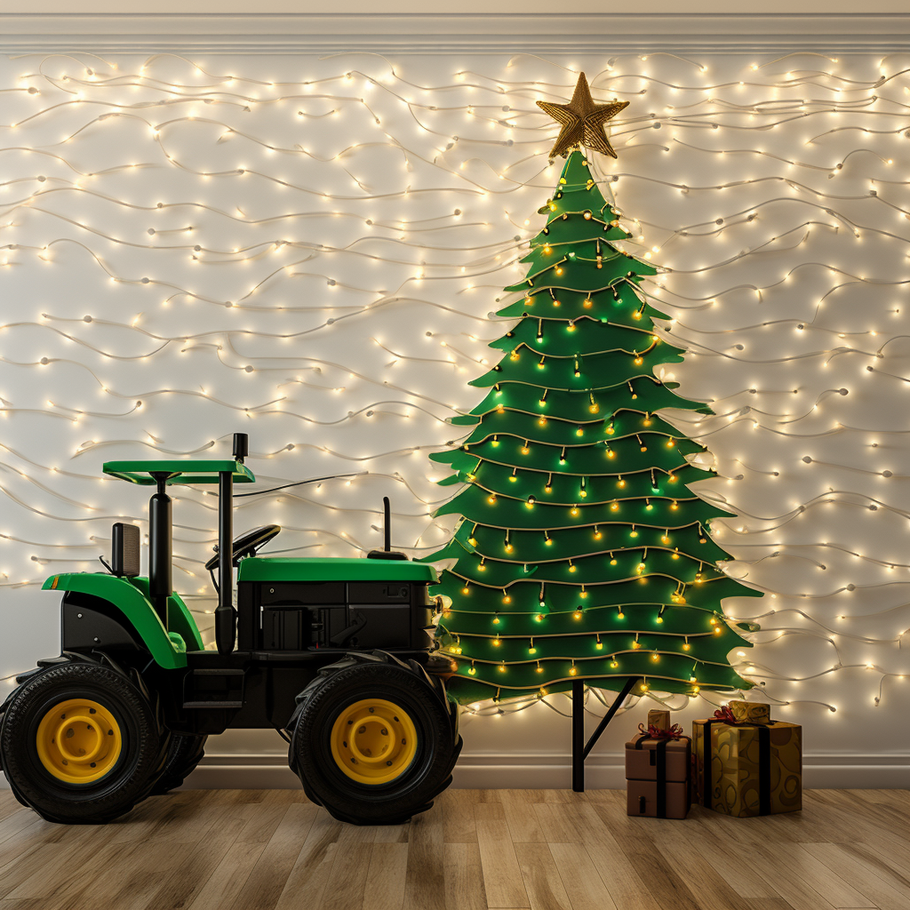 Colorful Christmas lights on John Deere tractor