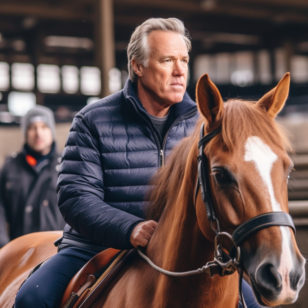 John Elway riding a horse with his face