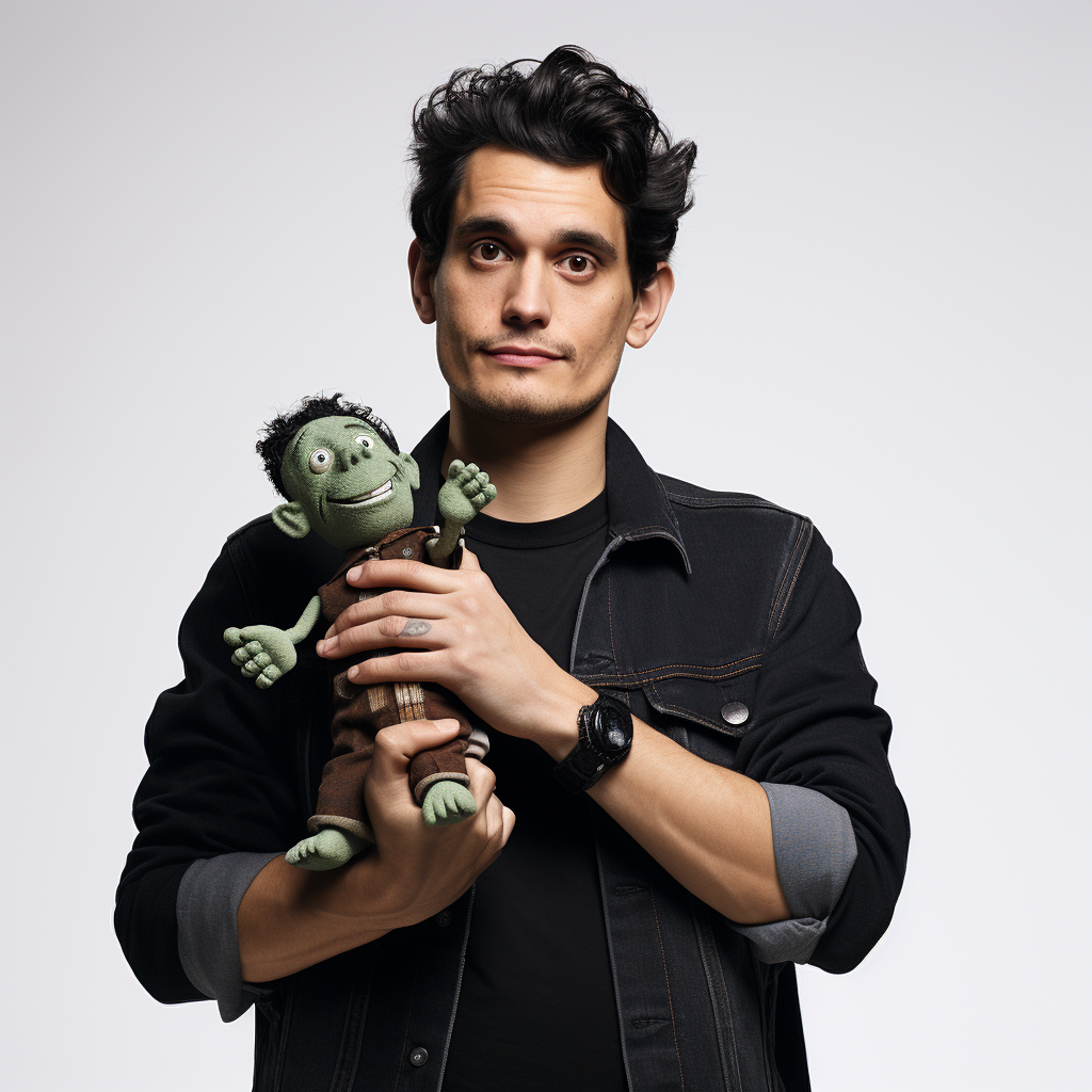 John Mayer holding puppet on white background