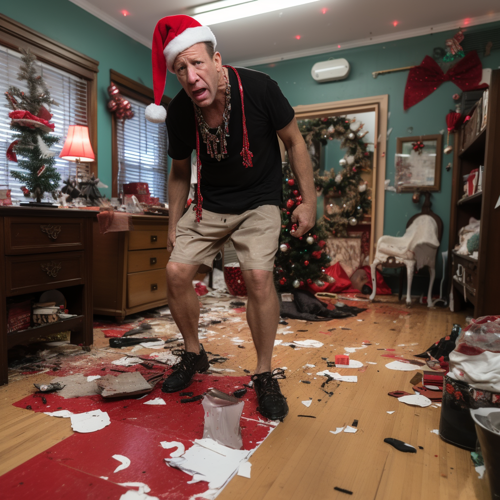 John McClane wearing Santa hat stepping on glass