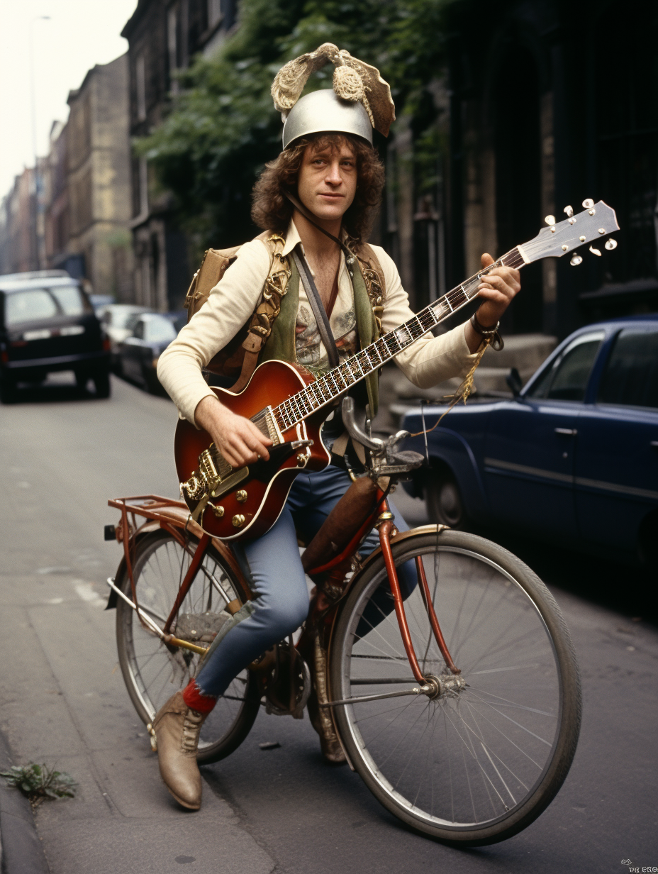 John Paul Jones of Led Zeppelin playing bass with helmet