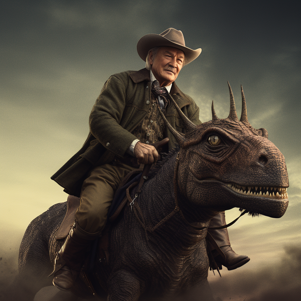 John Wayne riding a dinosaur