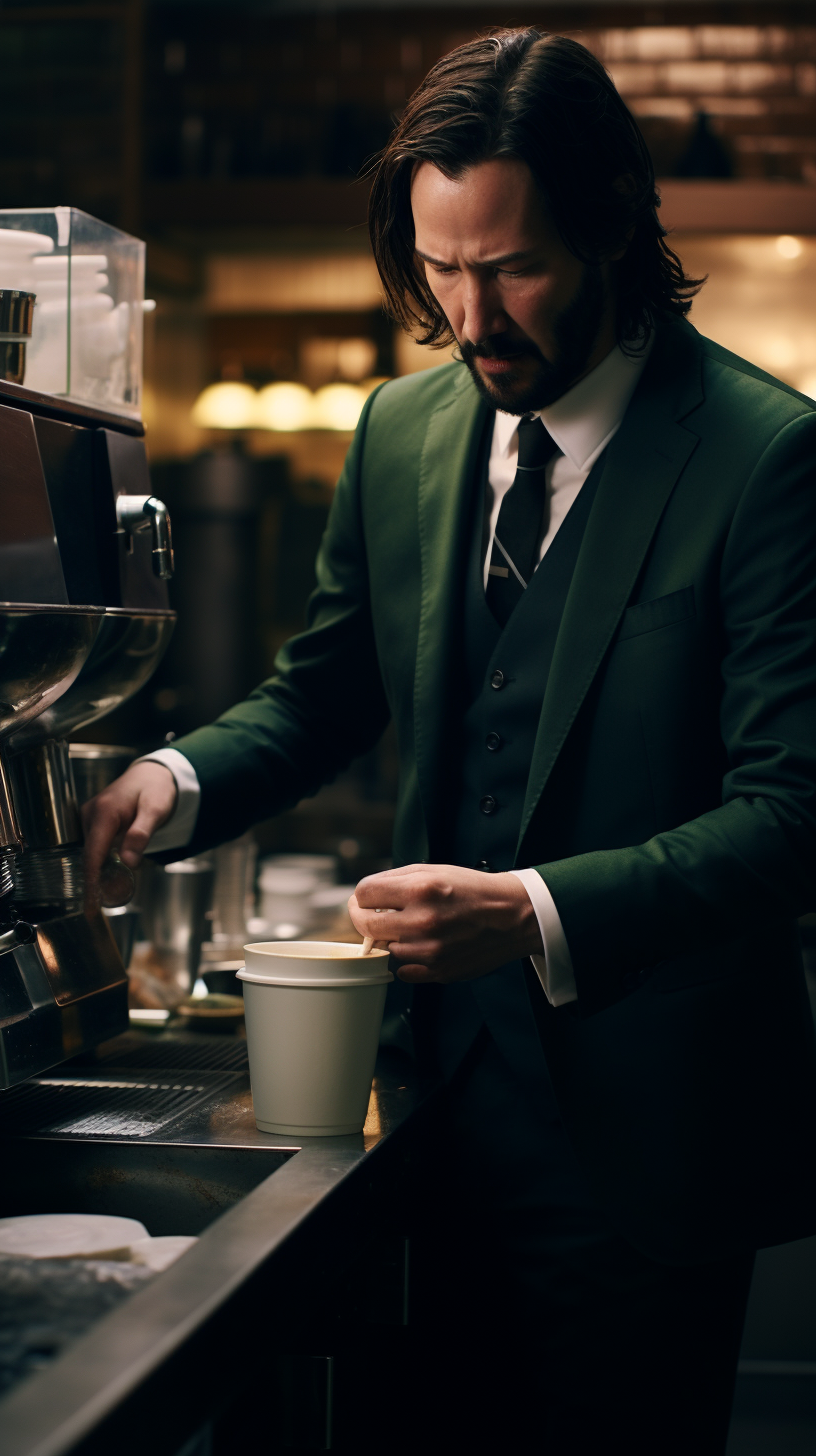 John Wick making coffee at Starbucks