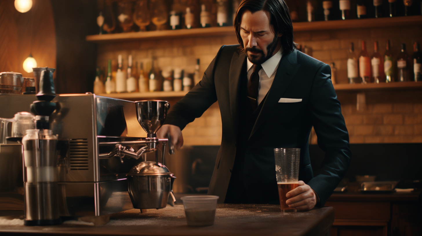 John Wick making coffee at Starbucks