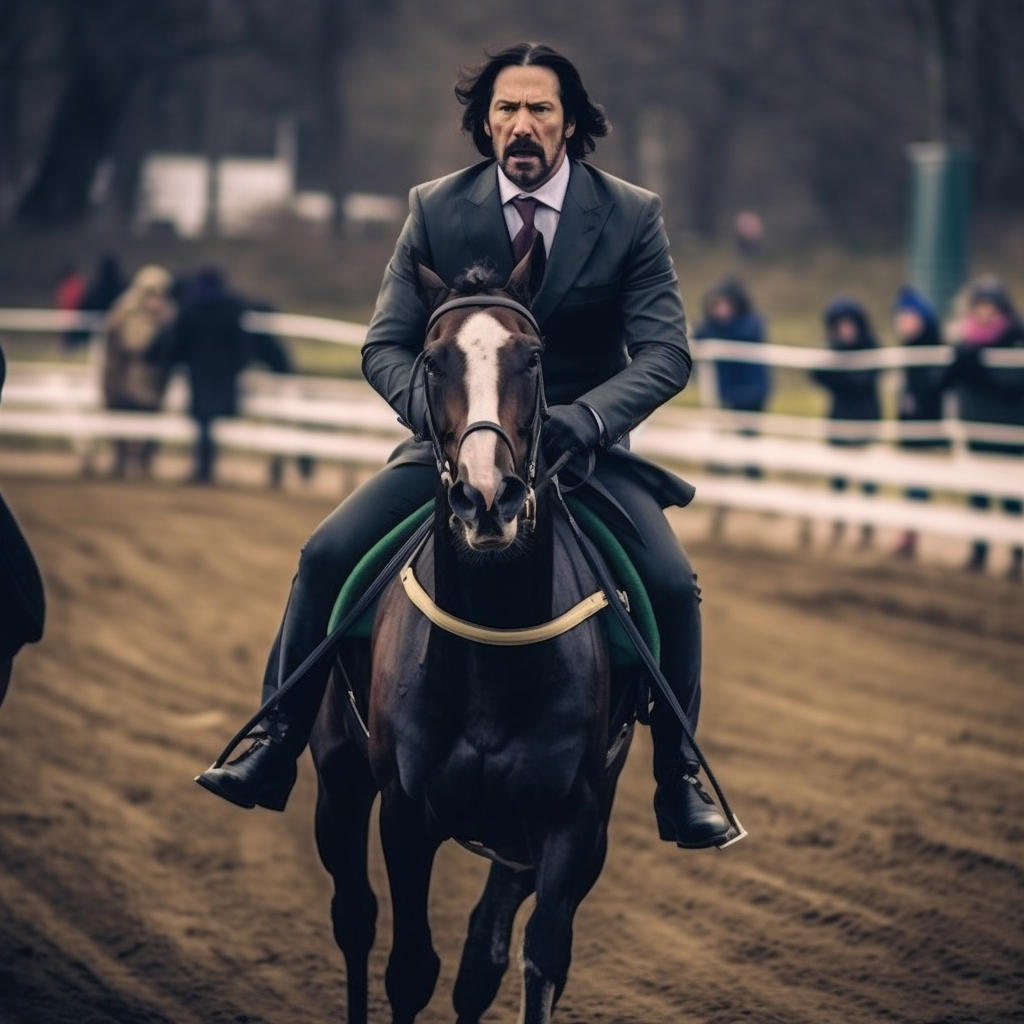 John Wick riding a dog in a horse race