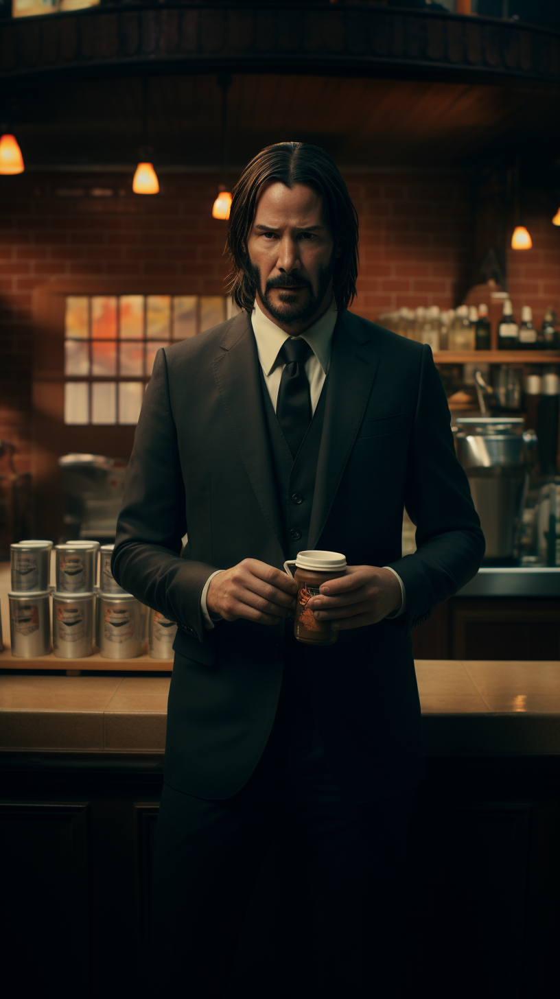 John Wick making coffee at Starbucks