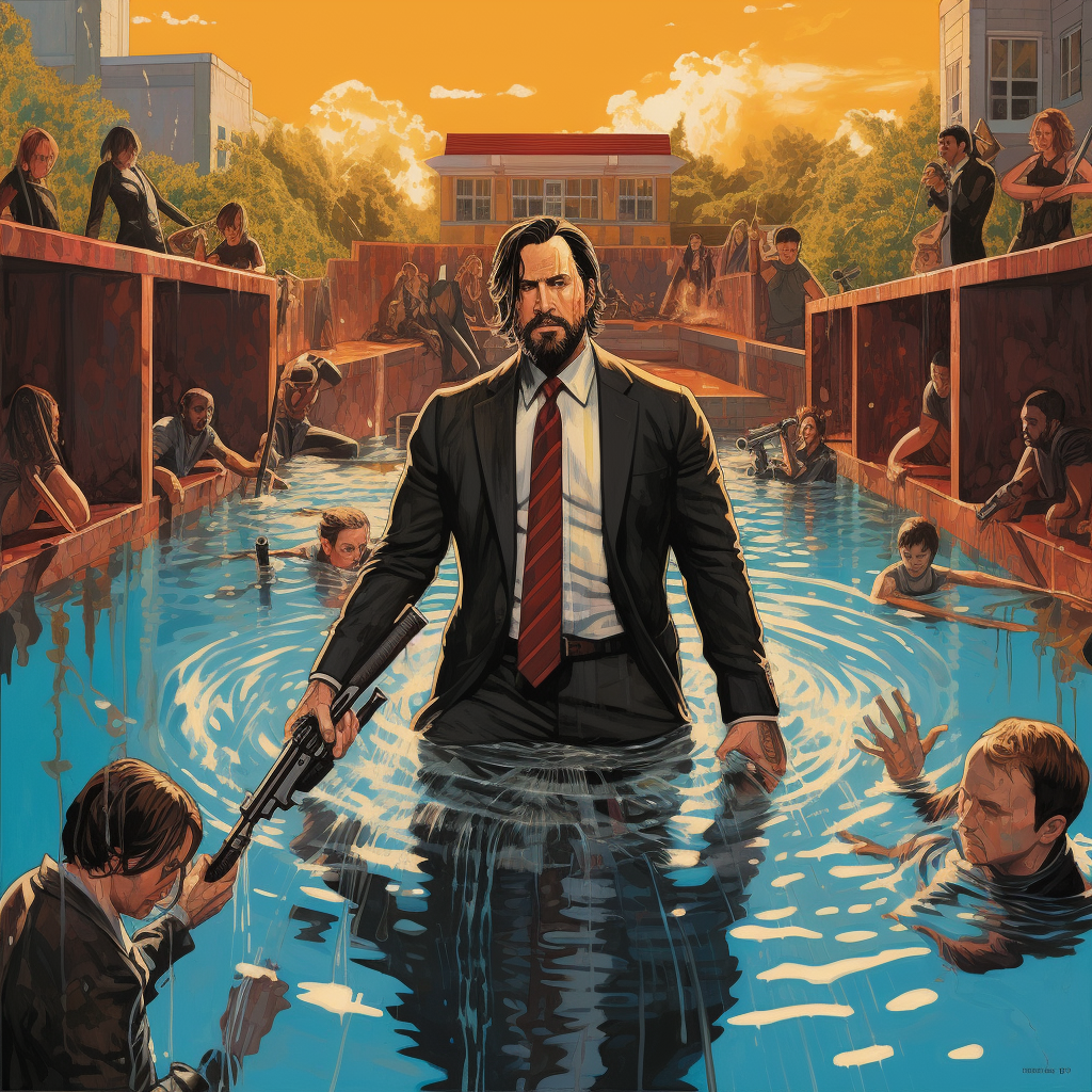 John Wick bravely standing in swimming pool