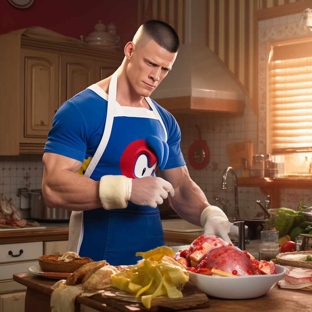 Cena and Sonic cooking dinner