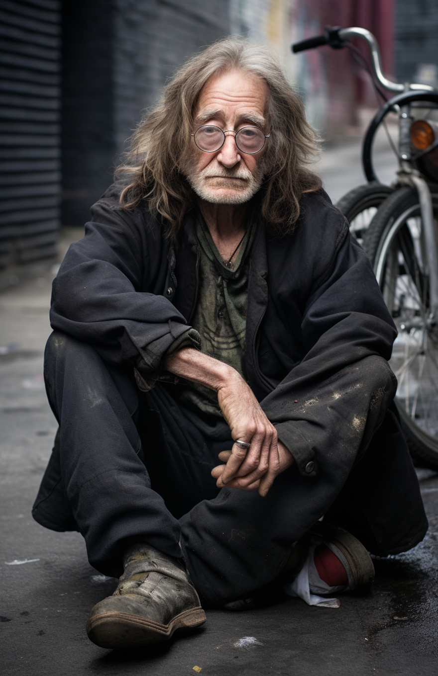 John Lennon, dirty and homeless on street curb