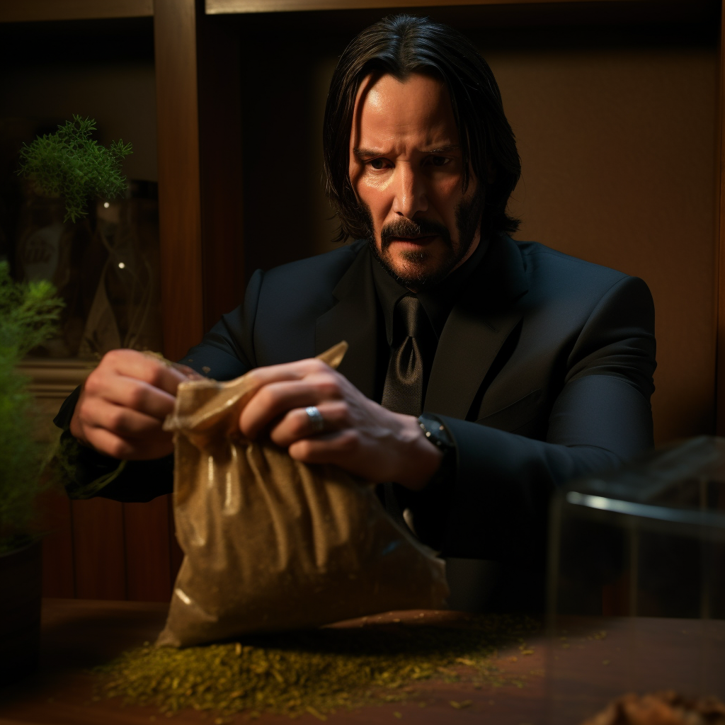 John Wick with Gun and Kratom Bag