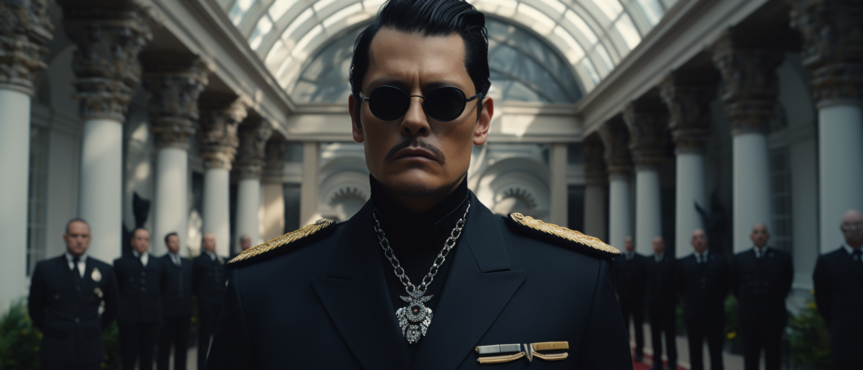 Johnny Depp wearing black uniform, holding a bow