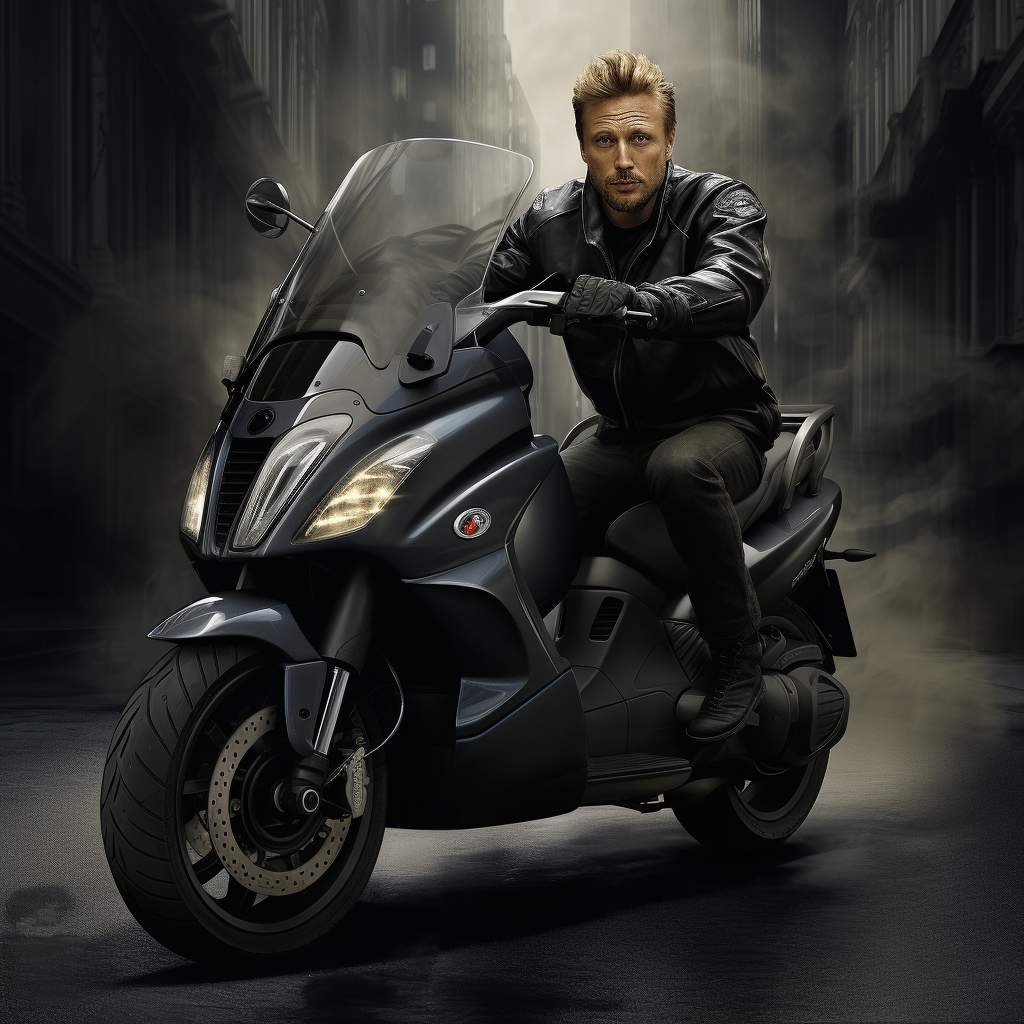 Johnny Hallyday driving a black Piaggio MP3