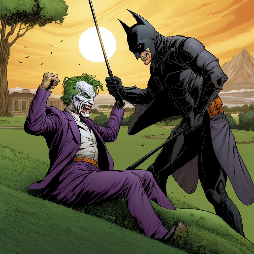 Batman punching Joker on golf course