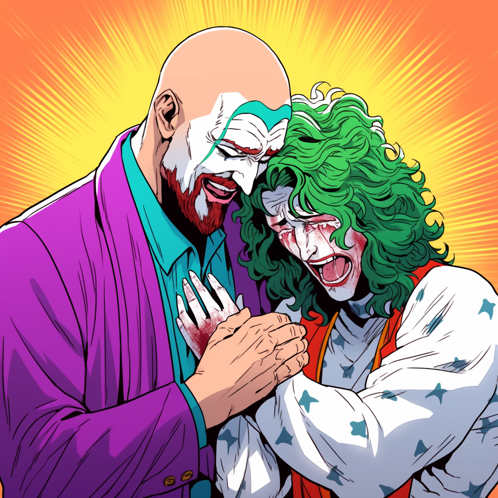 Joker being comforted by Jesus in Rick & Morty style