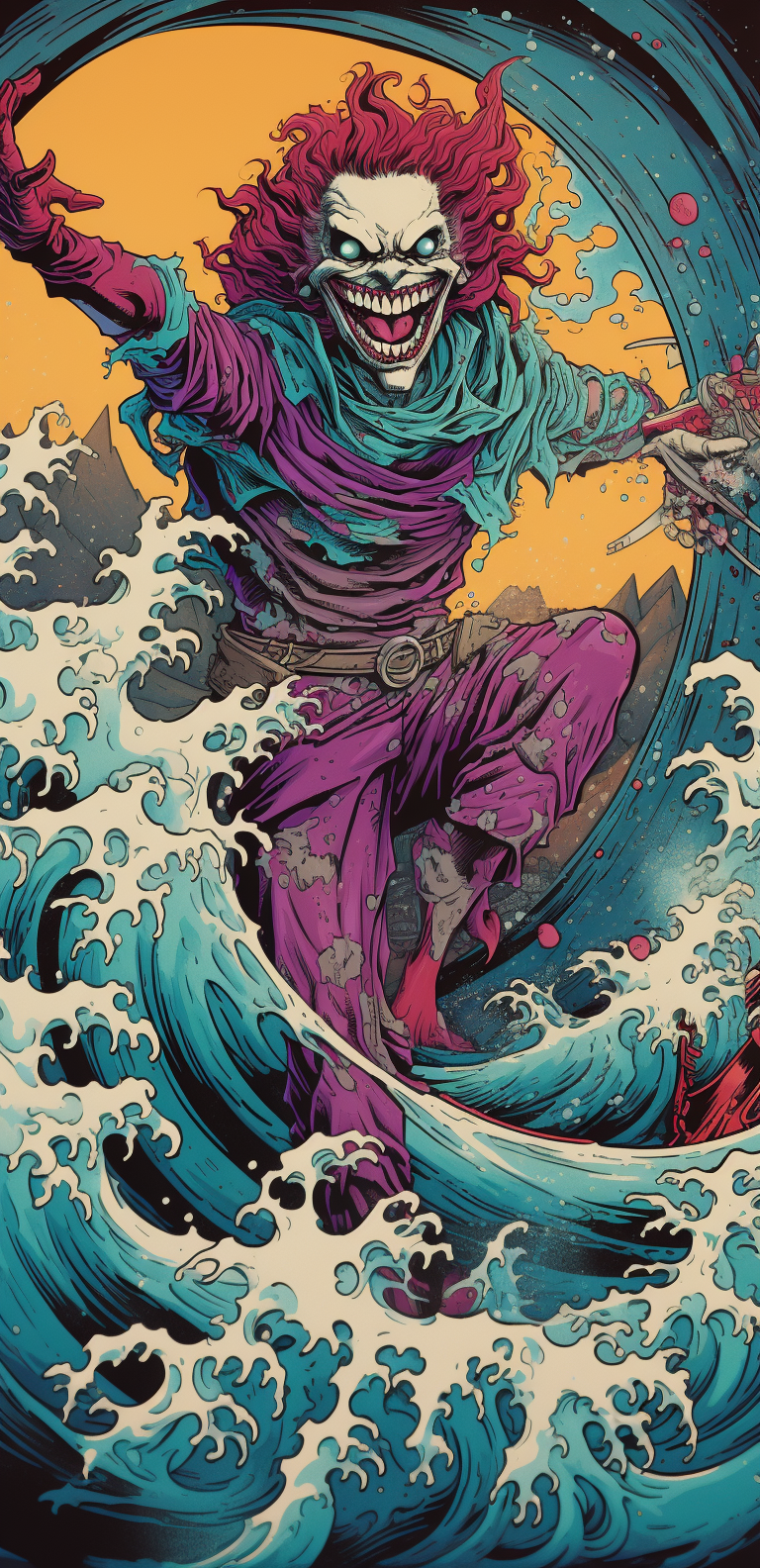 Joker surfing on a shark in vibrant comic style