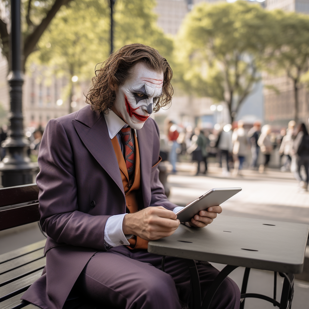 Joker presenting tablet on city bench