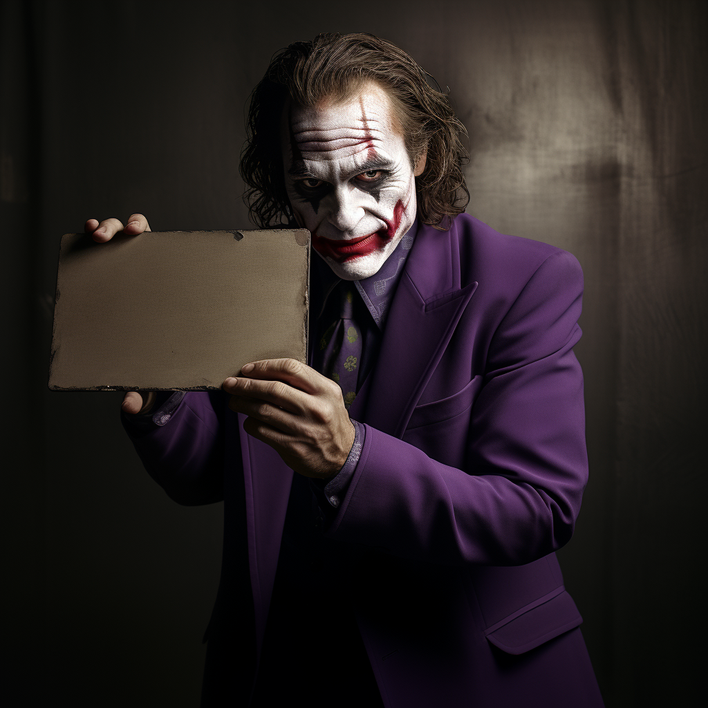 Joker holding small white canvas