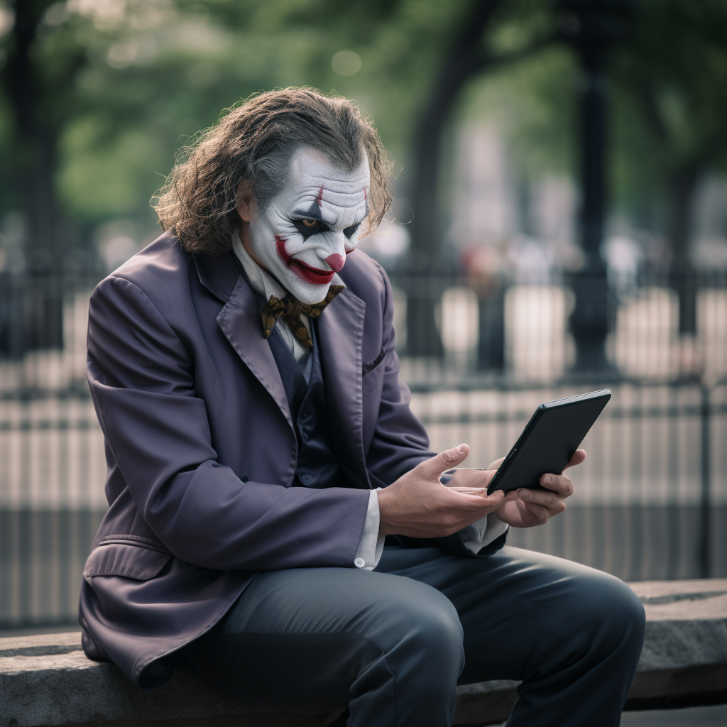 Joker with tablet on city bench