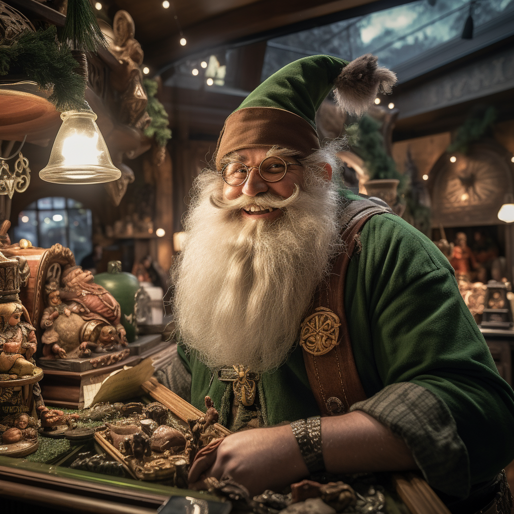 Jolly dwarf with green beard in gift shop