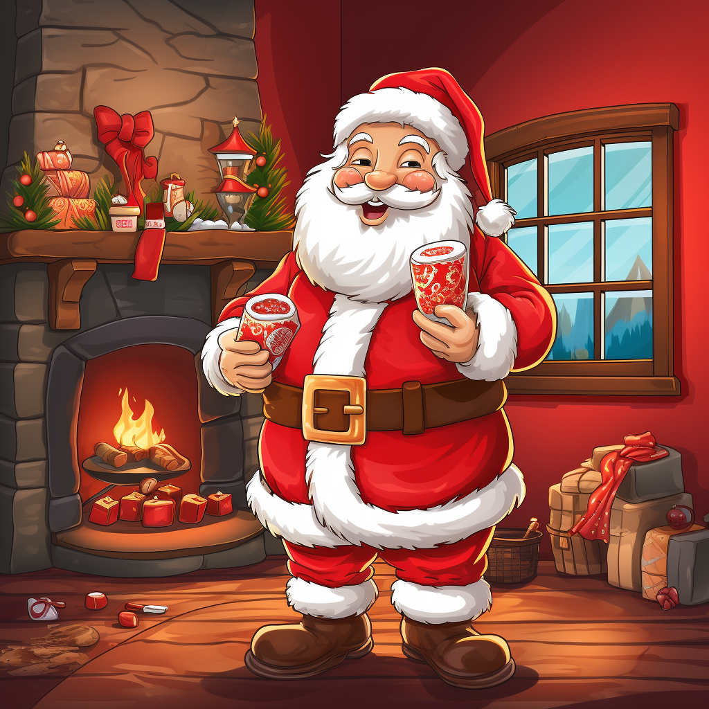 Santa Claus with gifts and festive scene.