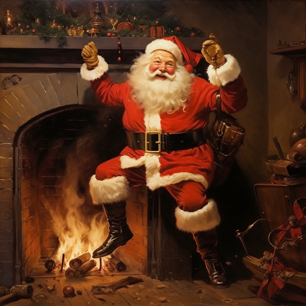 Jolly Santa stepping out of fireplace