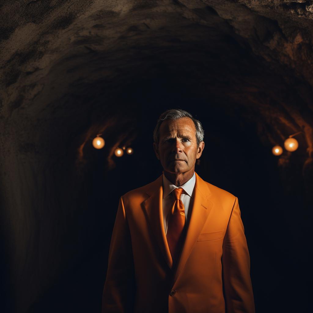 Jorge W. Bush in orange suit looking serious