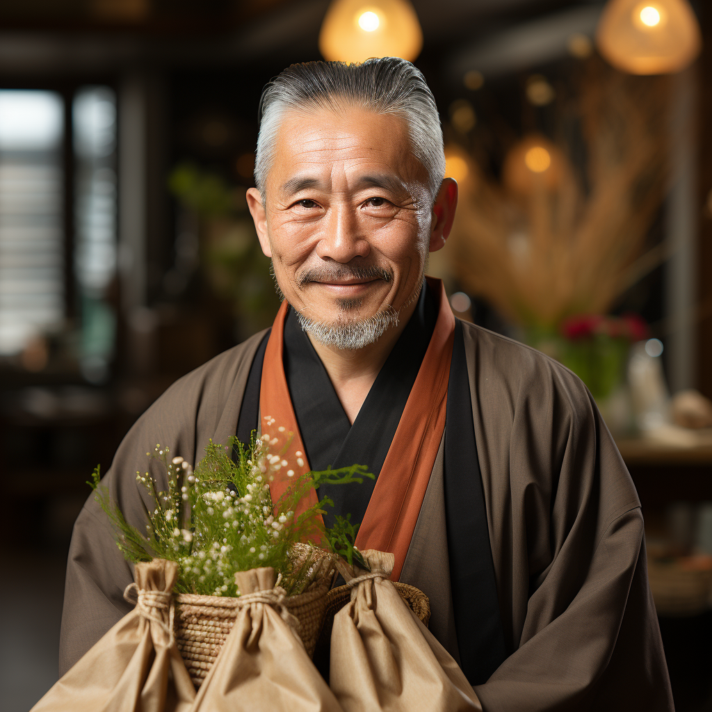 Man in Hanbok carrying herbs in a cloth bag