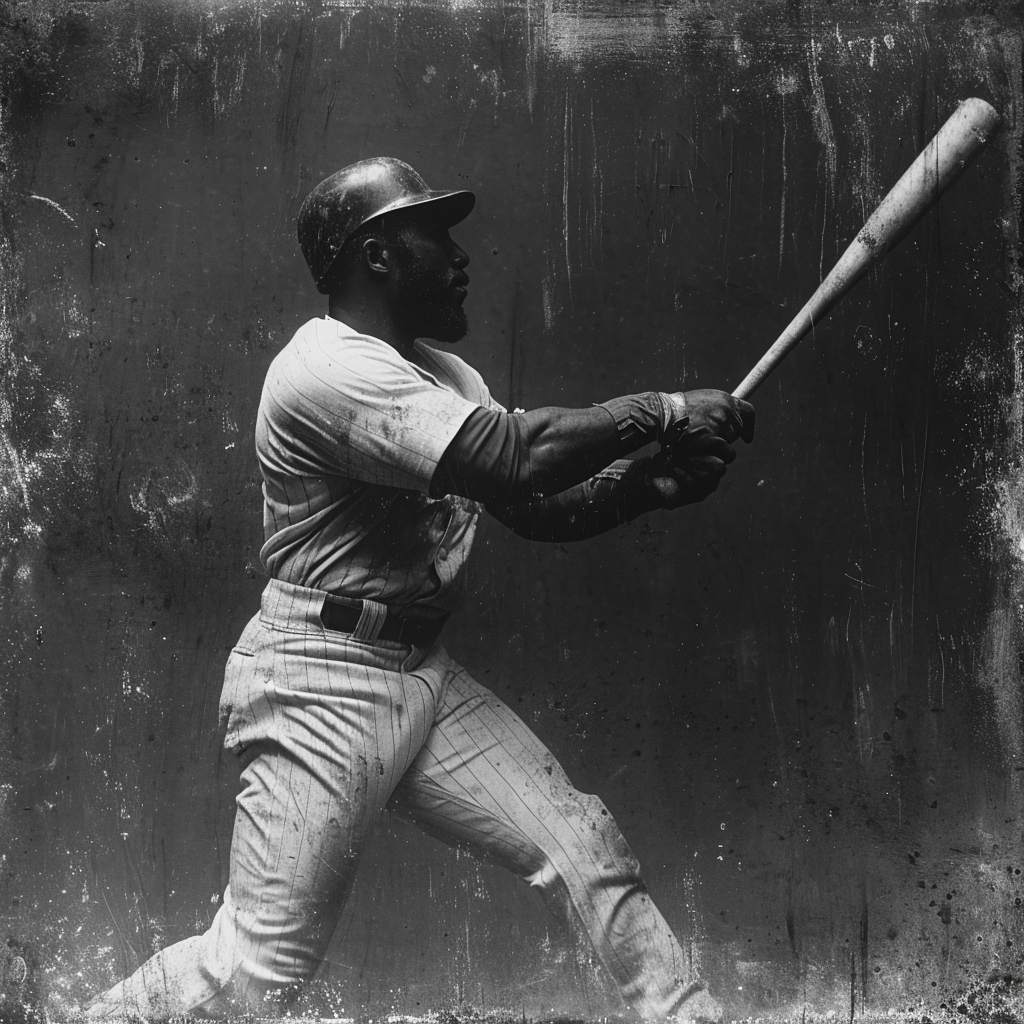 Josh Gibson swinging home run in black and white