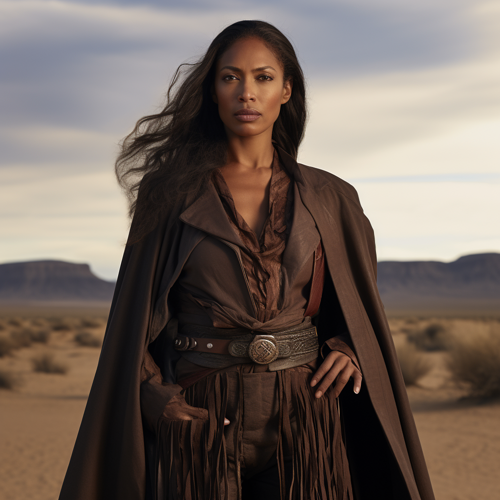 Gina Torres wearing long brown duster coat in futuristic western world