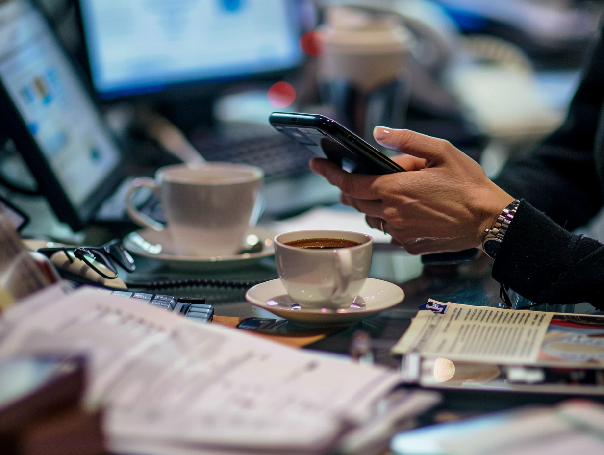 journalist typing newsroom phone coffee